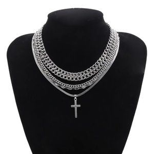 Sequin Cross Pendant silver multilayer Clavicle Necklace